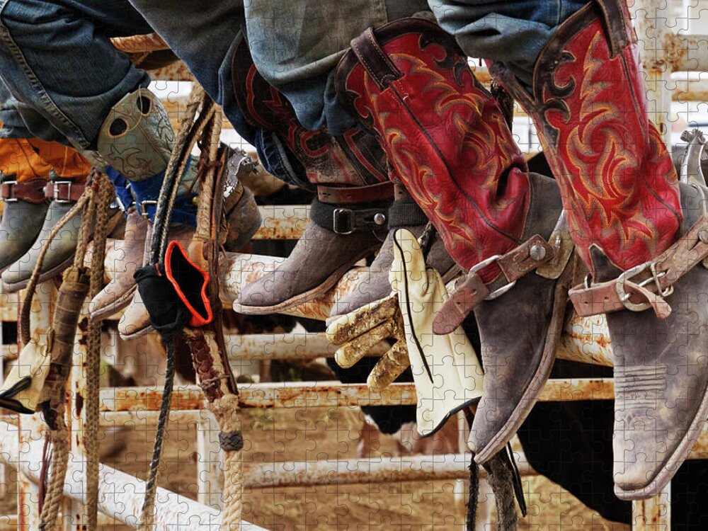 People Jigsaw Puzzle featuring the photograph Cowboys Sitting On A Cattle Stall by Jeremy Woodhouse