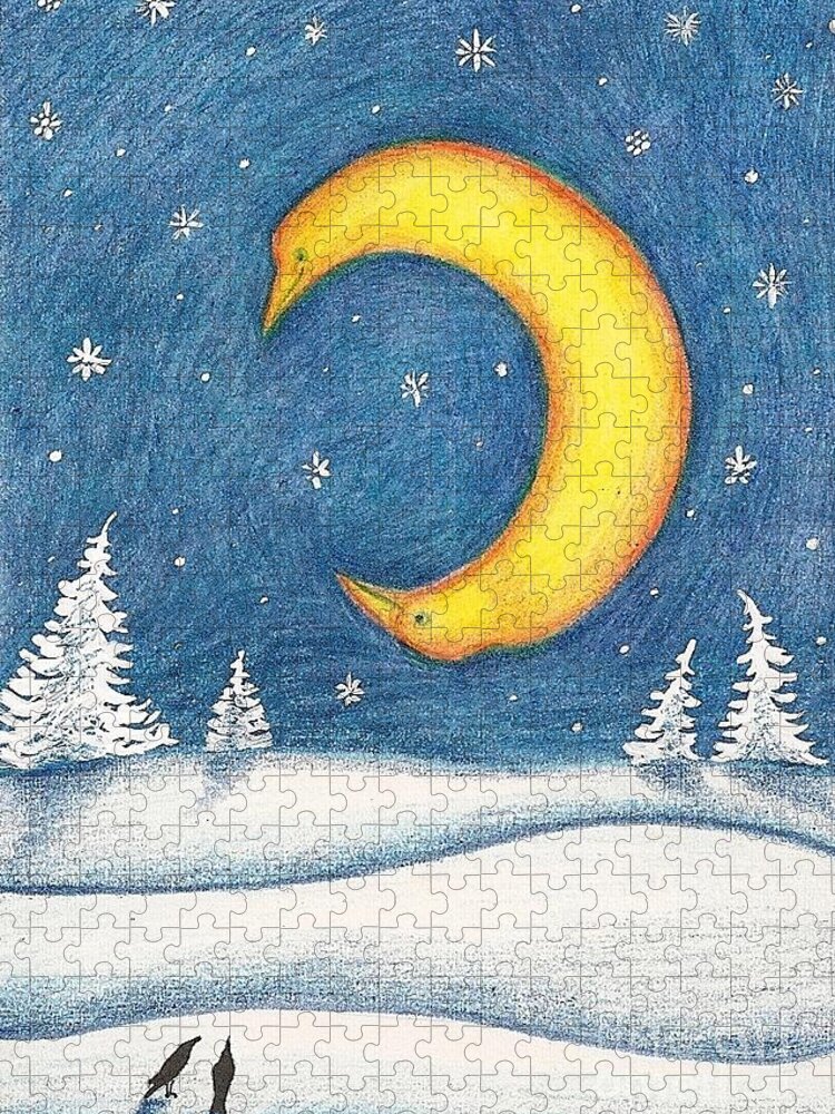 Print Jigsaw Puzzle featuring the painting Crescent Moon by Margaryta Yermolayeva