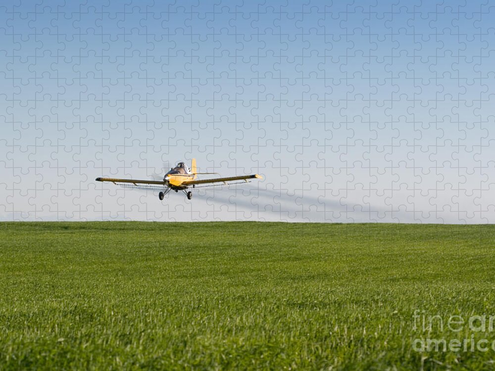 Plane Jigsaw Puzzle featuring the photograph Crop Duster Airplane Flying Over Farmland by Cindy Singleton