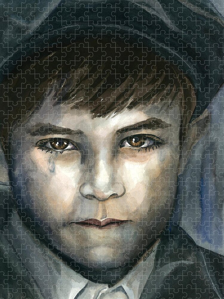Little Boy With Tear In His Eye Jigsaw Puzzle featuring the painting Crying in the Shadows by Michal Madison