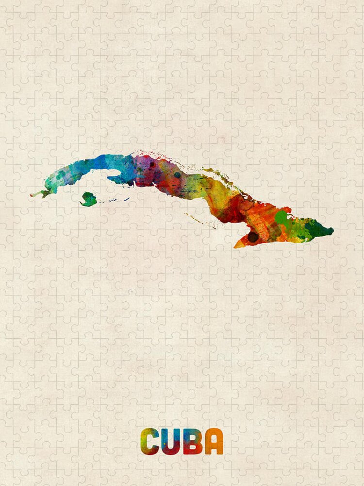 Map Art Jigsaw Puzzle featuring the digital art Cuba Watercolor Map by Michael Tompsett