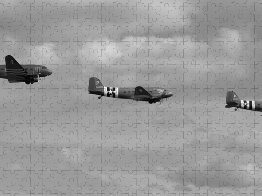 D-day Jigsaw Puzzle featuring the photograph D-Day Skytrain trio black and white version by Gary Eason