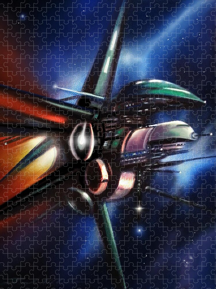 Starships Jigsaw Puzzle featuring the painting Daedalus Destroyer by James Hill