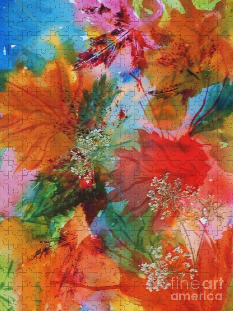 Autumn Leaves Jigsaw Puzzle featuring the painting Dancing Leaves and Lace by Ellen Levinson