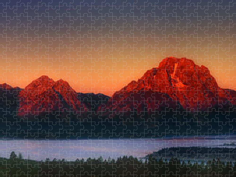 Wyoming Landscape Jigsaw Puzzle featuring the photograph Dawn Light on the Tetons Grant Tetons National Park Wyoming by Dave Welling