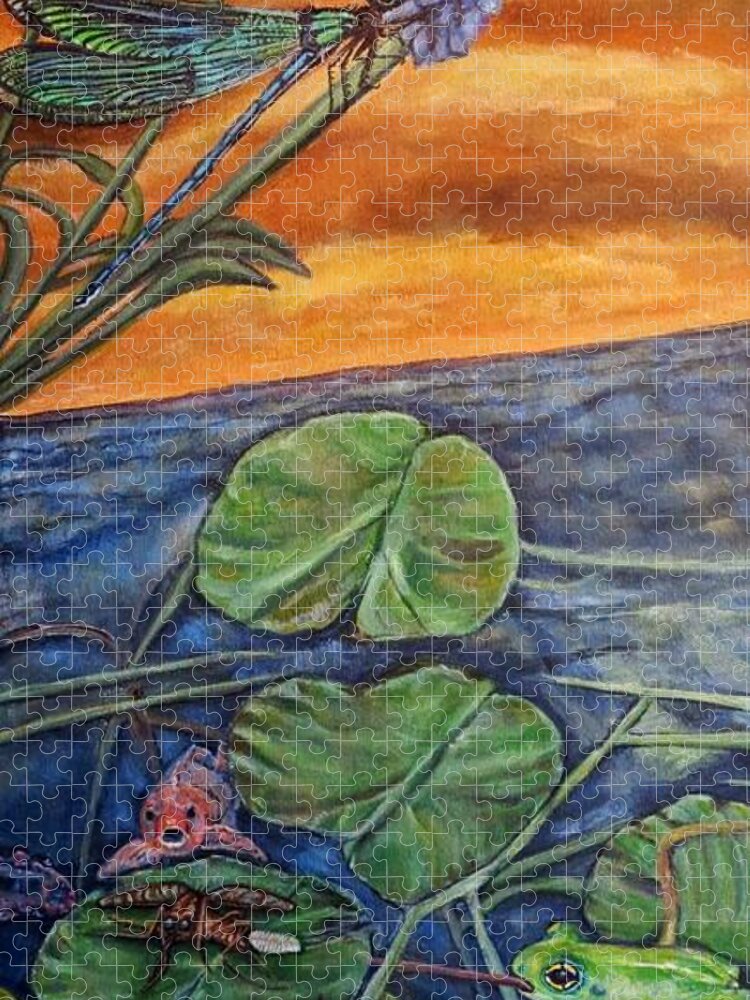 Nature Scene Ecology Environmental Message For Conservation For Earth Day Healthy Aquatic Water Environment Natural Predators Of Pests Like Mosquitos And Their Eggs Or Larvae Green Frog Koi Fish Blue Green Dragonfly Prussian Blue Grape Hyacinths Golden Orange Sunset Blue Green Water Waterlilies Grass Reeds Acrylic Painting Jigsaw Puzzle featuring the painting Day of Judgment for a Pesky Mosquito by Kimberlee Baxter