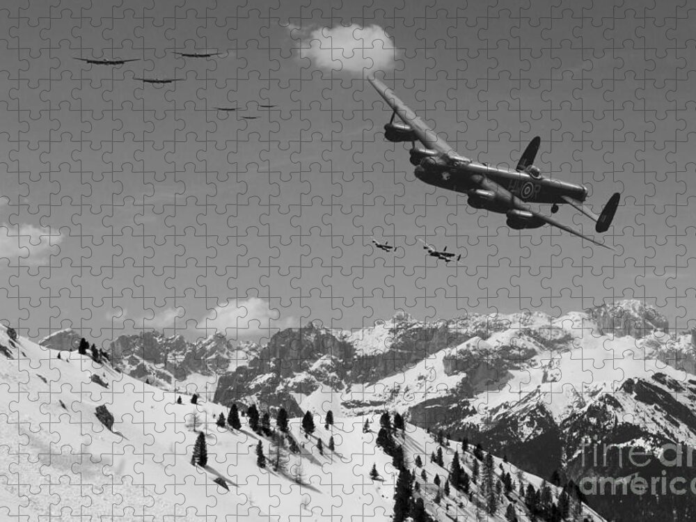 Lancaster Bomber Jigsaw Puzzle featuring the digital art Daylight Raid mono by Airpower Art