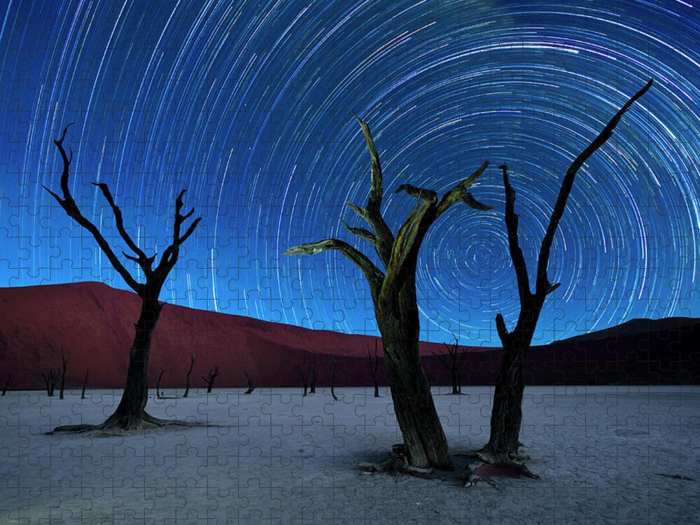 Extreme Terrain Jigsaw Puzzle featuring the photograph Deadvlei With Startrails by Wolfgang steiner