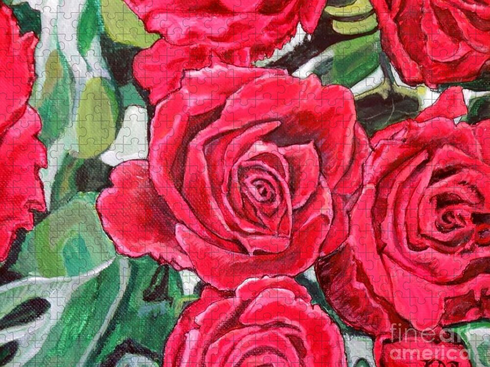 Nature Scene Flower Painting Of Red Roses Ornamental Full Roses Perfect For Mother's Day Green And White Background Dappled Sunlight Canvas Painting Jigsaw Puzzle featuring the painting Delight of Grandma's Roses Painting by Kimberlee Baxter