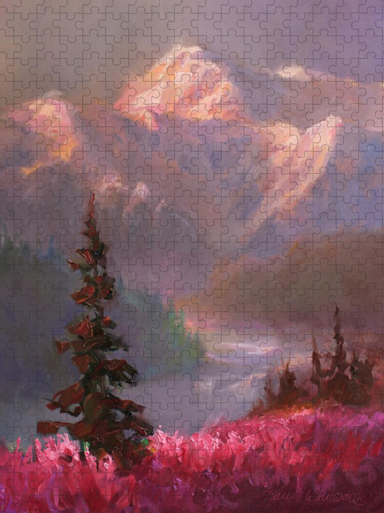 Denali Jigsaw Puzzle featuring the painting Denali Summer - Alaskan Mountains in Summer by K Whitworth