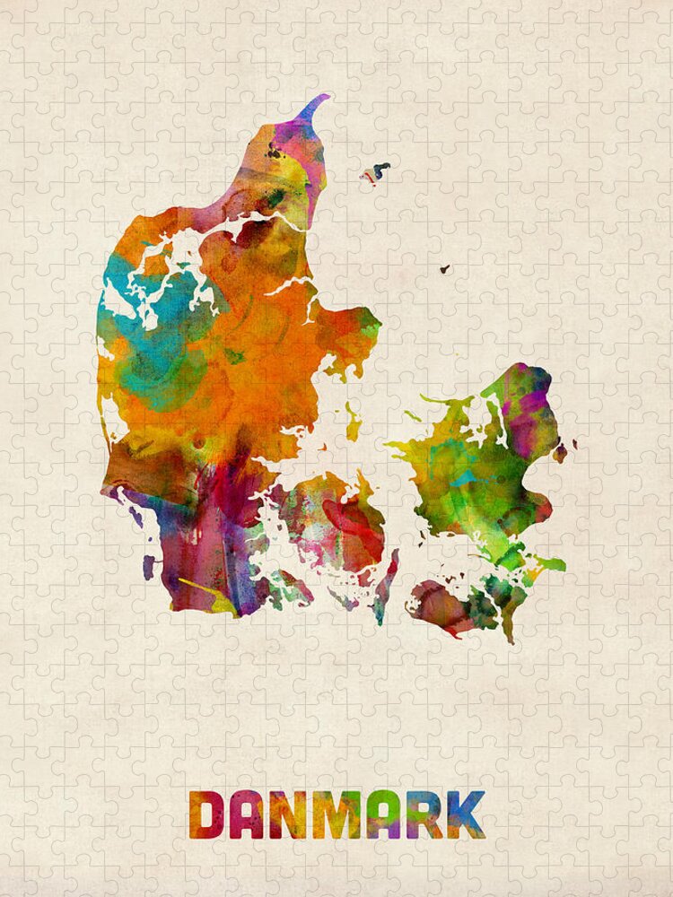Map Art Jigsaw Puzzle featuring the digital art Denmark Watercolor Map by Michael Tompsett