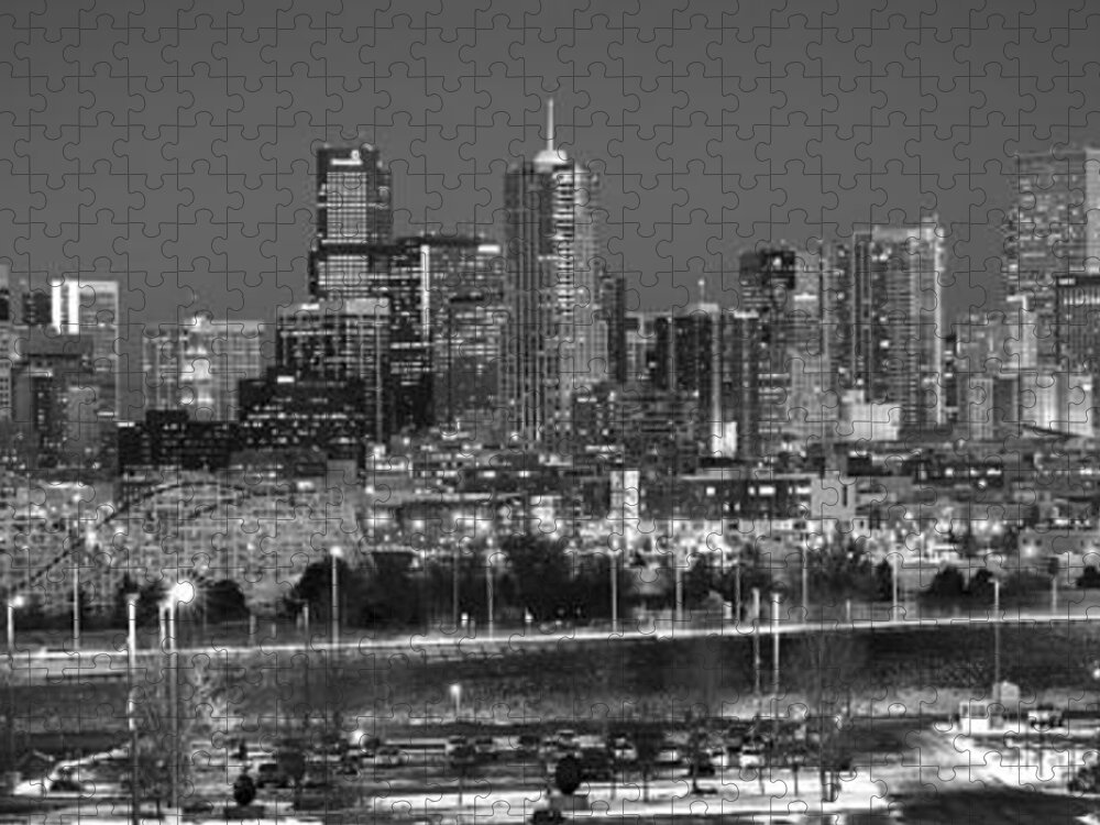 Denver Skyline Jigsaw Puzzle featuring the photograph Denver Skyline at Dusk Black and White BW Evening Panorama Broncos Colorado by Jon Holiday