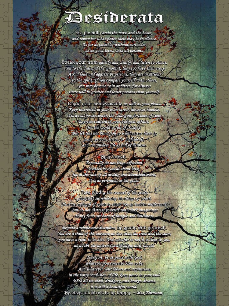 Desiderata Jigsaw Puzzle featuring the mixed media Desiderata Inspiration Over Old Textured Tree by Christina Rollo