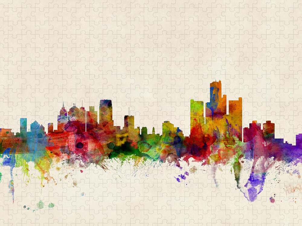 Watercolour Puzzle featuring the digital art Detroit Michigan Skyline by Michael Tompsett