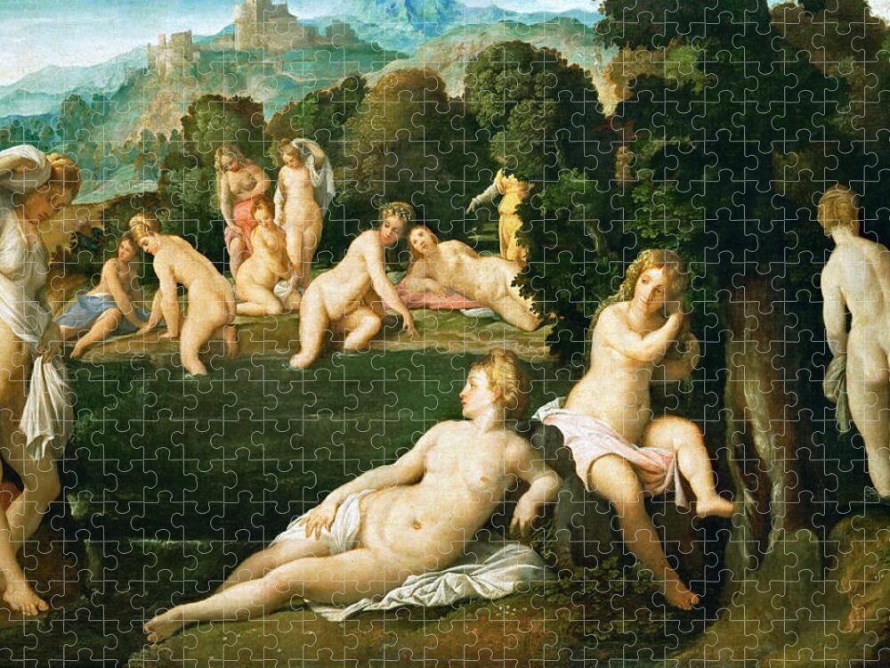 Palma Vecchio Jigsaw Puzzle featuring the painting Diana and Callisto by Palma Vecchio