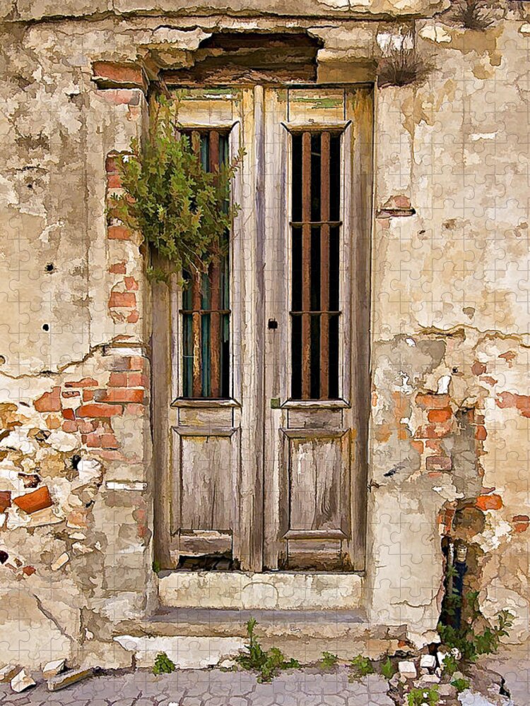 Brick Jigsaw Puzzle featuring the photograph Dilapidated Brown Wood Door of Portugal by David Letts