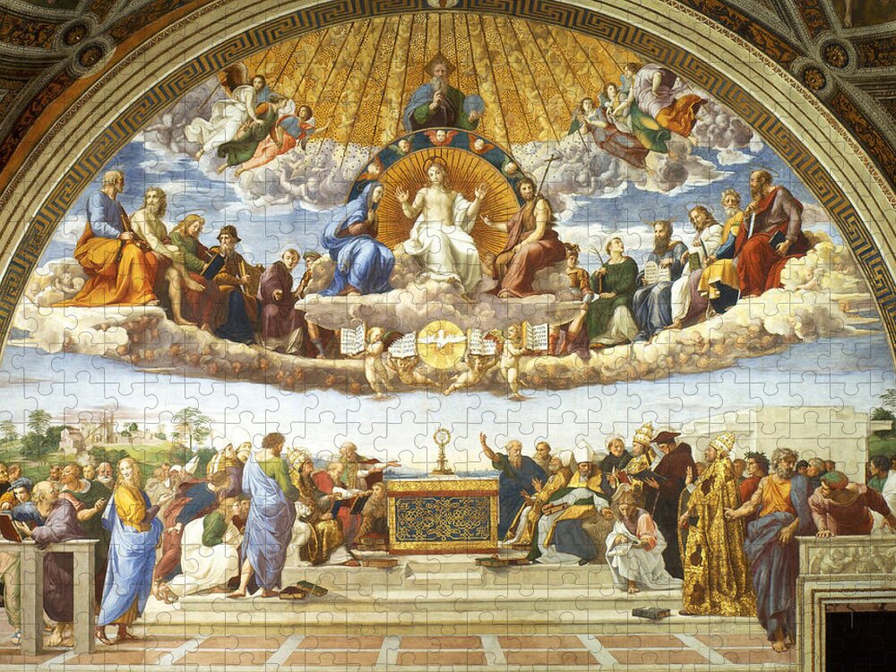 Disputation Of Holy Sacrament Jigsaw Puzzle featuring the painting Disputation of Holy Sacrament. by Raphael