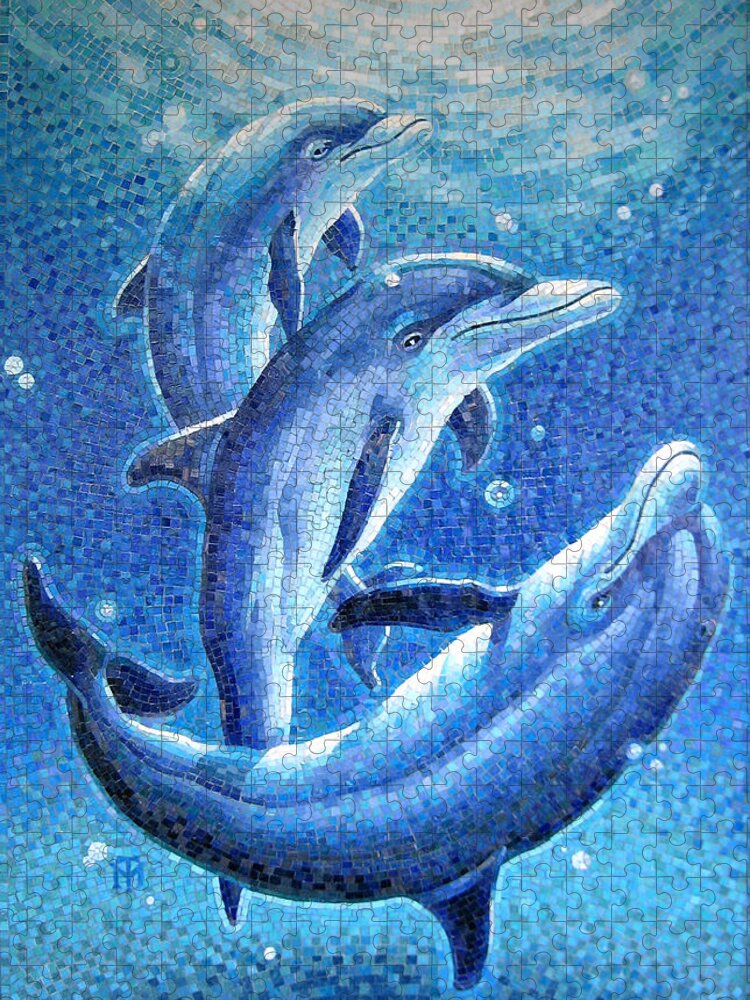 Playful Jigsaw Puzzle featuring the painting Dolphin Trio by Mia Tavonatti