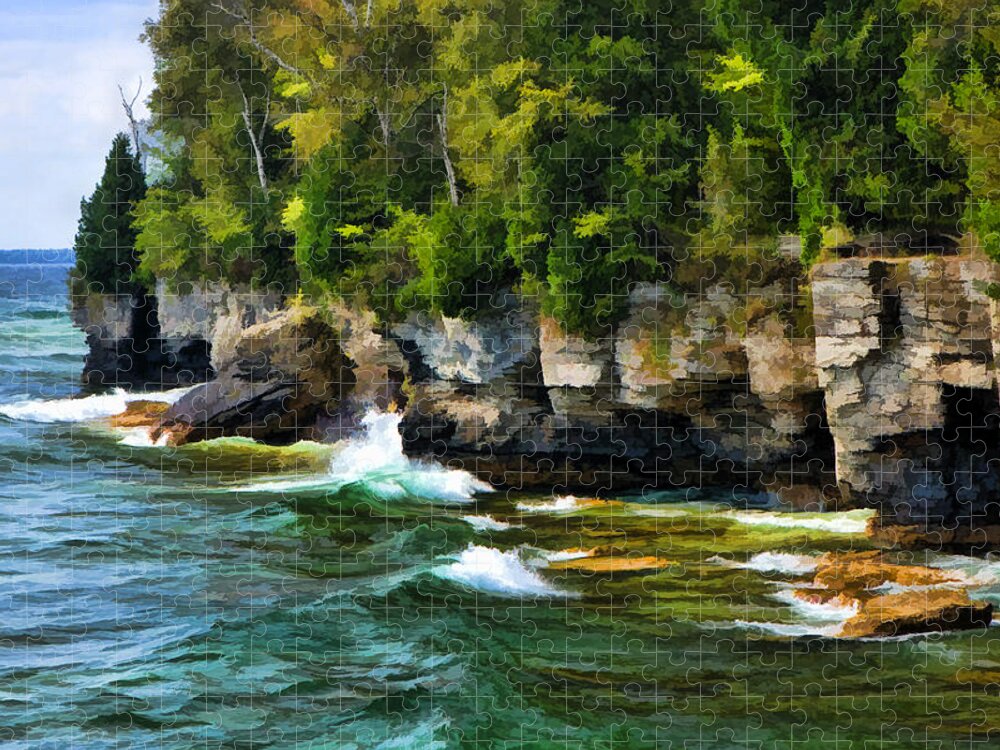 Cave Point Jigsaw Puzzle featuring the painting Door County Cave Point Cliffs by Christopher Arndt