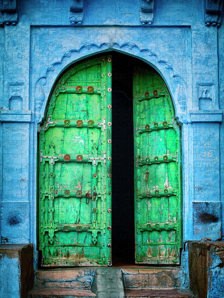 Architectural Feature Jigsaw Puzzle featuring the photograph Door In The Blue City - Jodhpur, India by Powerofforever