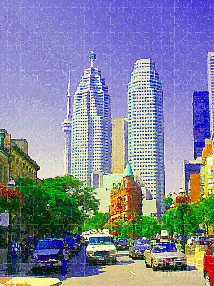 Toronto Jigsaw Puzzle featuring the painting Downtown Core Flatiron Building And Cn Tower Toronto City Scenes Paintings Canadian Art Cspandau by Carole Spandau