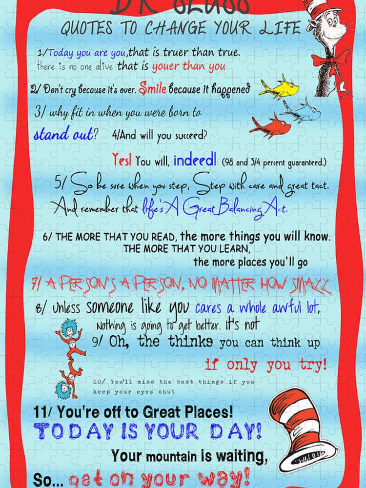 Dr. Seuss Jigsaw Puzzle featuring the digital art Dr Seuss - Quotes to Change Your Life by Georgia Fowler