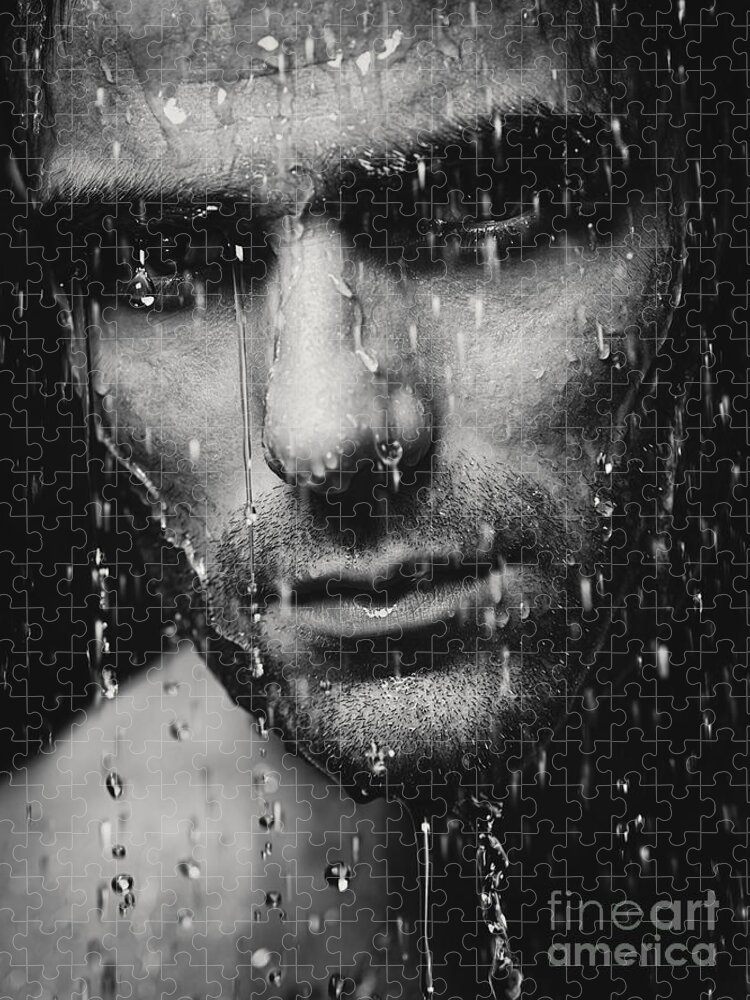 Man Jigsaw Puzzle featuring the photograph Dramatic portrait of man wet face Black and white by Maxim Images Exquisite Prints
