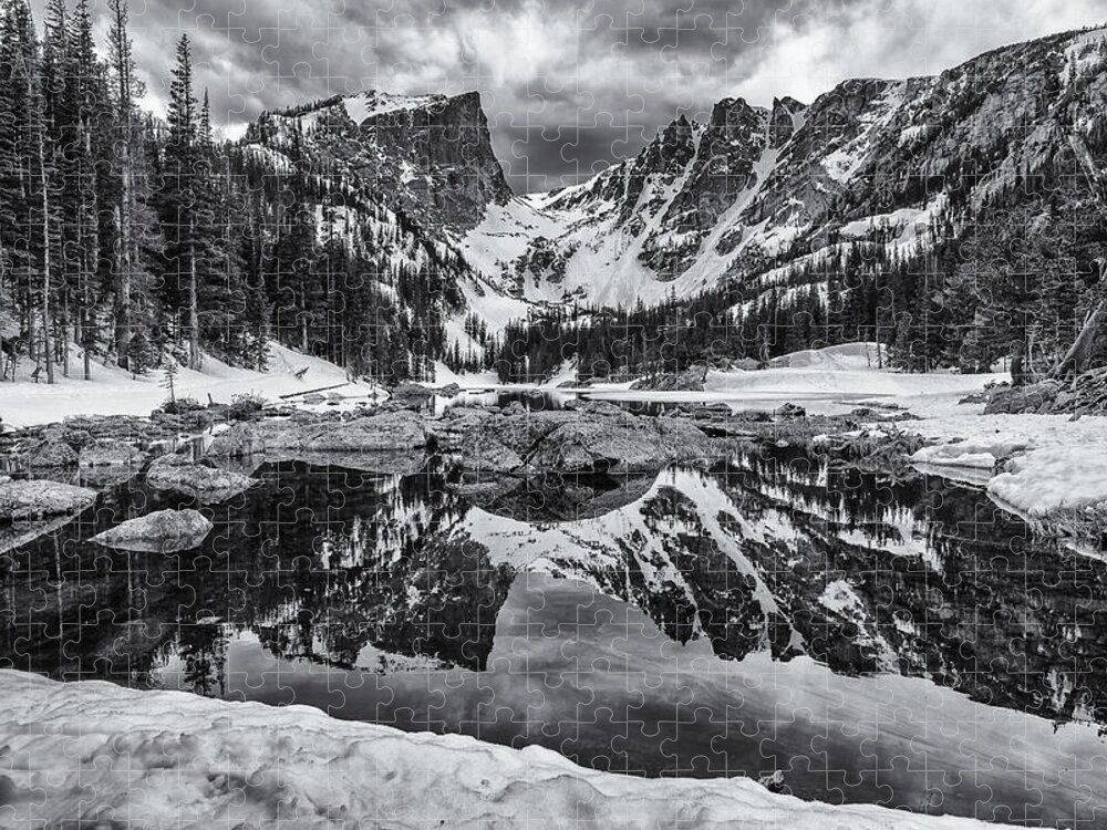 Rocky Mountain Jigsaw Puzzle featuring the photograph Dream Lake Morning Monochrome by Darren White