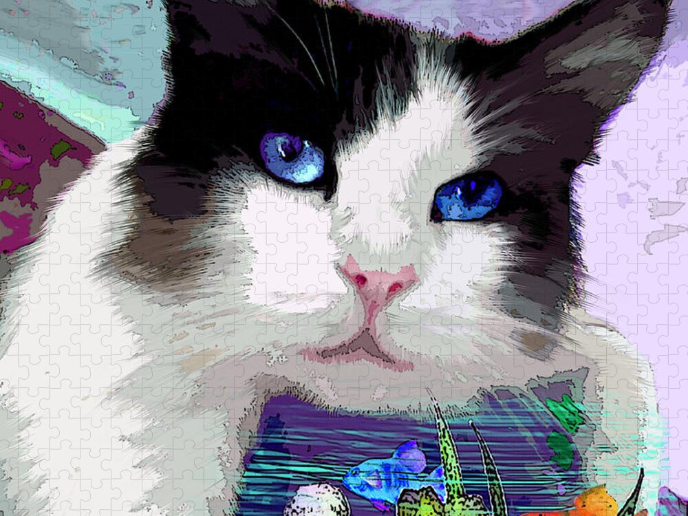 Cat Jigsaw Puzzle featuring the mixed media Dreaming of Fish by Michele Avanti