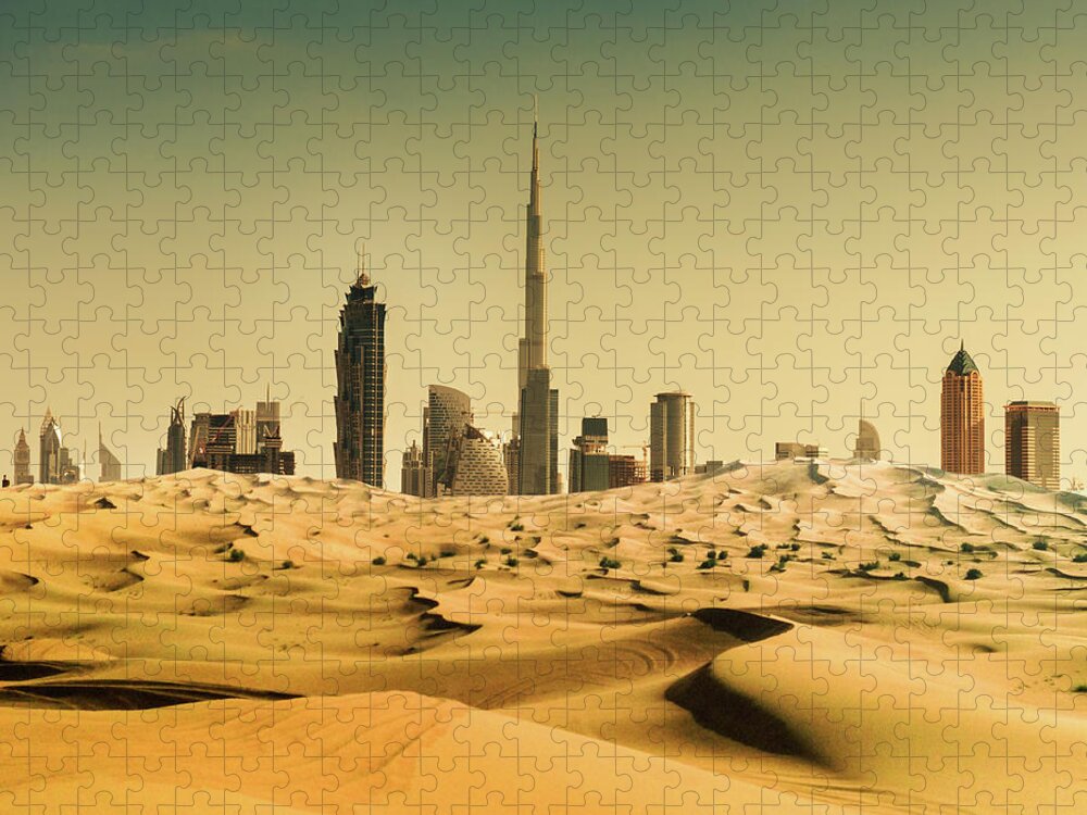 Arabia Jigsaw Puzzle featuring the photograph Dubai Skyline From The Desert by Franckreporter
