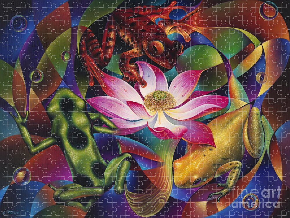 Lily Jigsaw Puzzle featuring the painting Dynamic Frogs by Ricardo Chavez-Mendez
