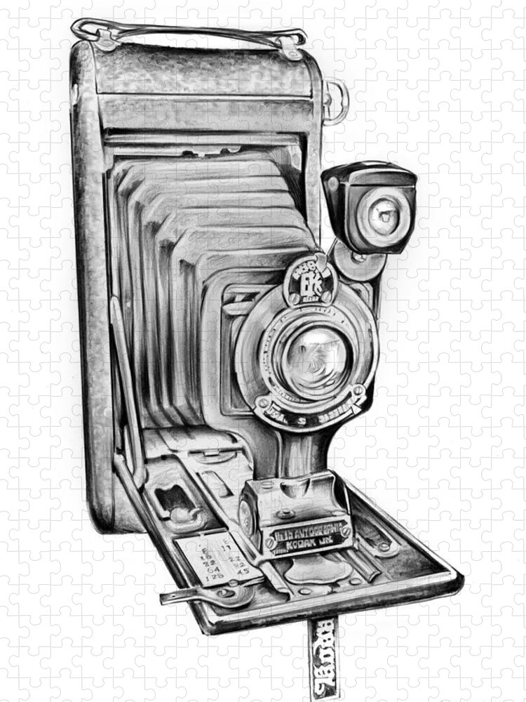 Kodak Camera Jigsaw Puzzle featuring the drawing Early Kodak Camera by Greg Joens