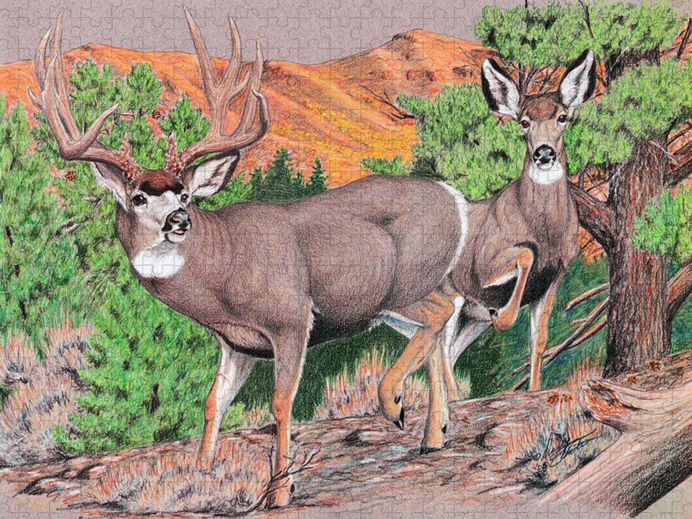 Mule Deer Jigsaw Puzzle featuring the painting Early Morning Retreat by Darcy Tate