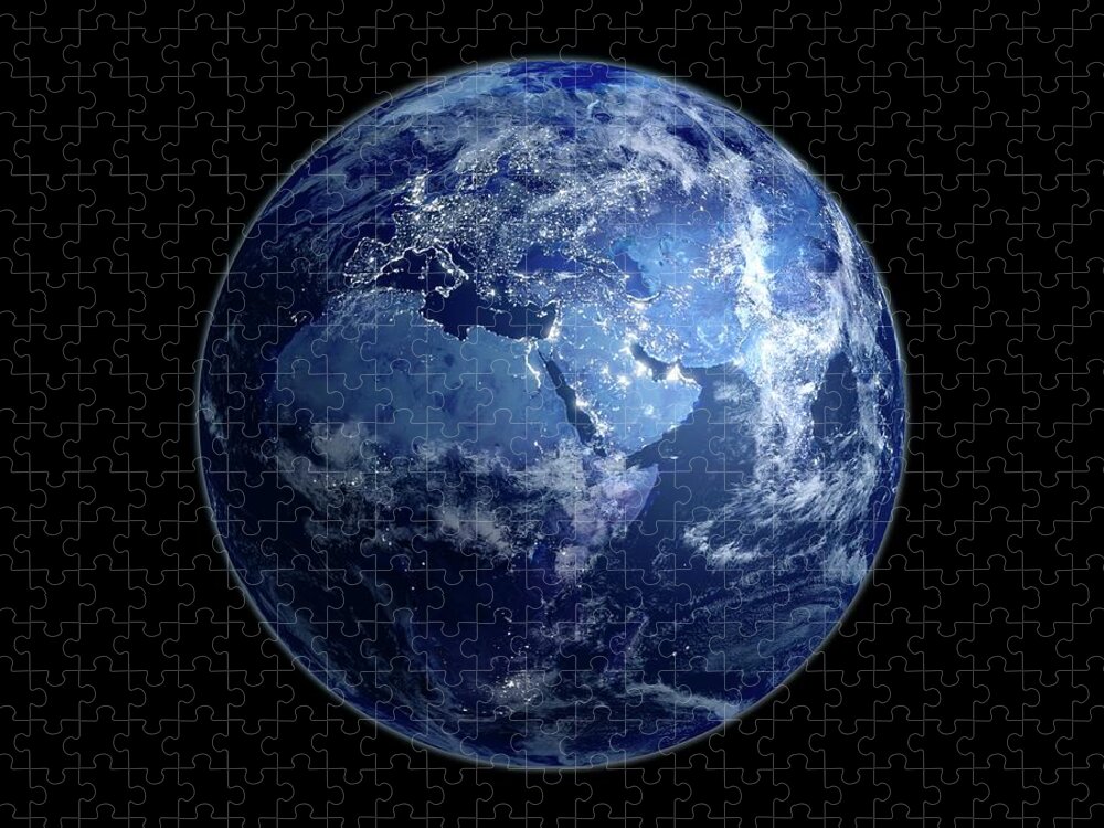 Globe Jigsaw Puzzle featuring the digital art Earth At Night, Artwork by Science Photo Library - Andrzej Wojcicki