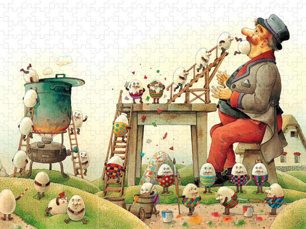 Easter Eggs Spring Green Landscape Breakfast Jigsaw Puzzle featuring the painting Eastereggs 07 by Kestutis Kasparavicius