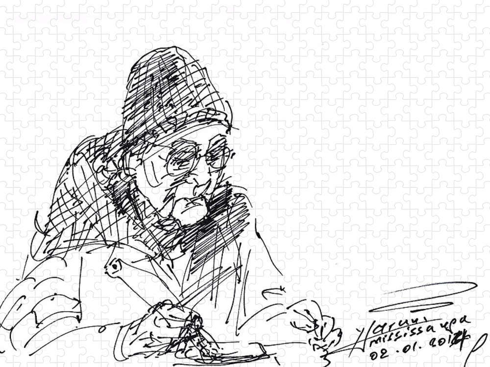 Sketch Jigsaw Puzzle featuring the drawing Eating by Ylli Haruni