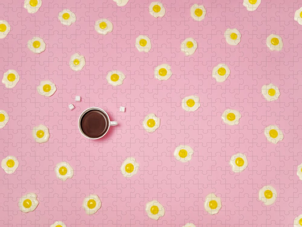 Breakfast Jigsaw Puzzle featuring the photograph Eggs With Coffee Cup On Pink Background by Juj Winn