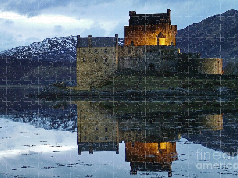 Eilean Donan Castle Jigsaw Puzzle featuring the photograph Eilean Donan Castle at dusk - Scotland by Phil Banks
