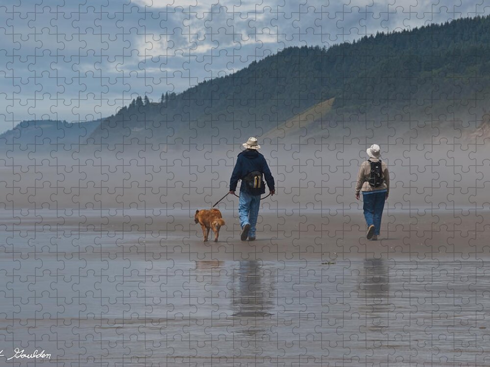 Active Seniors Jigsaw Puzzle featuring the photograph Elderly Couple Walking a Dog by Jeff Goulden