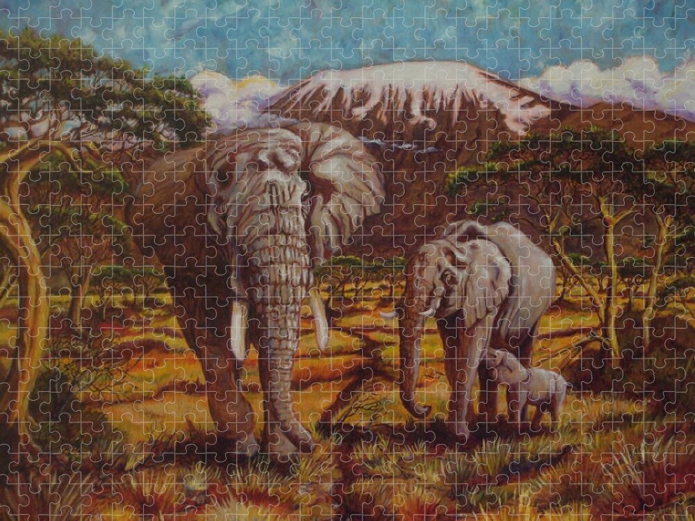 Elephants Jigsaw Puzzle featuring the painting Elephants and Kilimanjaro by Paris Wyatt Llanso