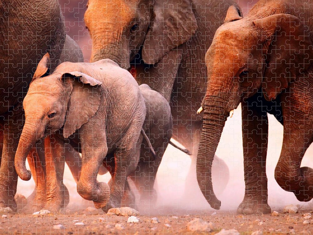 Wild Jigsaw Puzzle featuring the photograph Elephants stampede by Johan Swanepoel