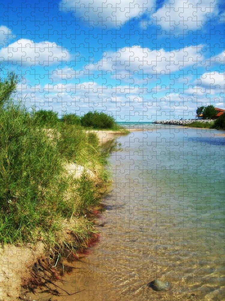 Elk Rapids Jigsaw Puzzle featuring the photograph Elk River with Fluffy Clouds by Michelle Calkins