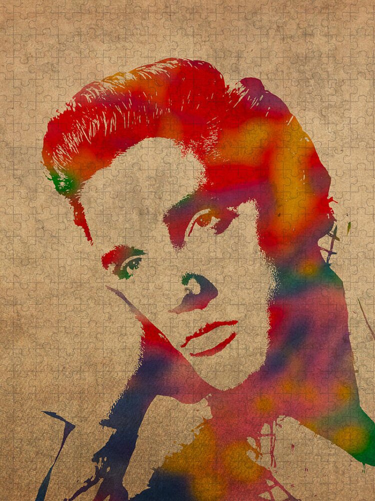 Elvis Presley Watercolor Portrait On Worn Distressed Canvas Jigsaw Puzzle featuring the mixed media Elvis Presley Watercolor Portrait on Worn Distressed Canvas by Design Turnpike
