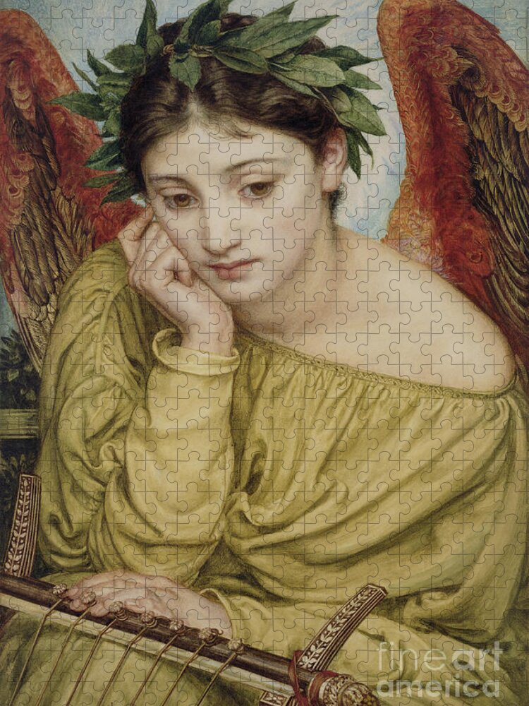 Winged; Lyre; Lyric; Garland; Pensive; Sad; Wing; Wings; Angel; Laurel Wreath Jigsaw Puzzle featuring the painting Erato Muse of Poetry 1870 by Edward John Poynter