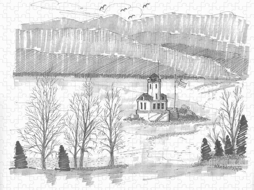 Lighthouse Jigsaw Puzzle featuring the drawing Esopus Lighthouse by Richard Wambach