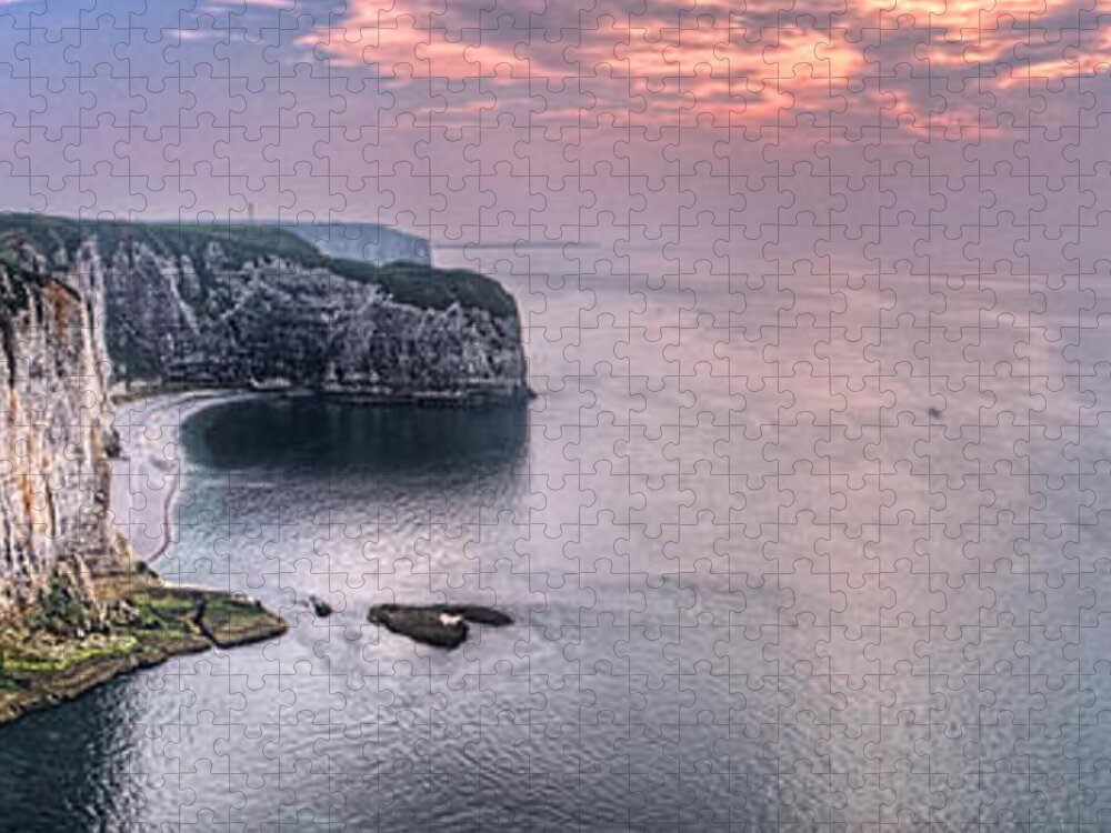 Cliff Jigsaw Puzzle featuring the photograph Etretat Cliffs sunset panorama by Weston Westmoreland