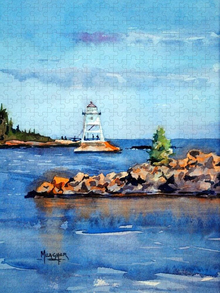 Lighthouse Jigsaw Puzzle featuring the painting Evenings Glow At The Harbor by Spencer Meagher