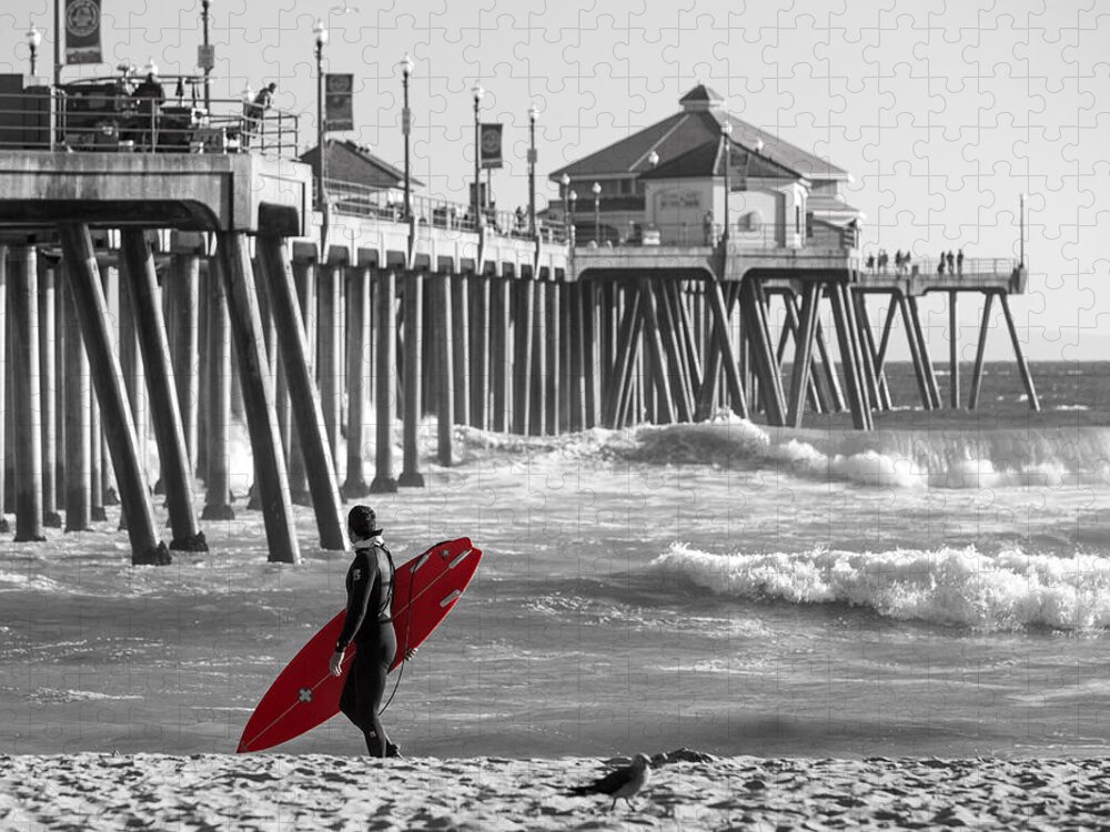Huntington Beach Jigsaw Puzzle featuring the photograph Existential Surfing At Huntington Beach Selective Color by Scott Campbell