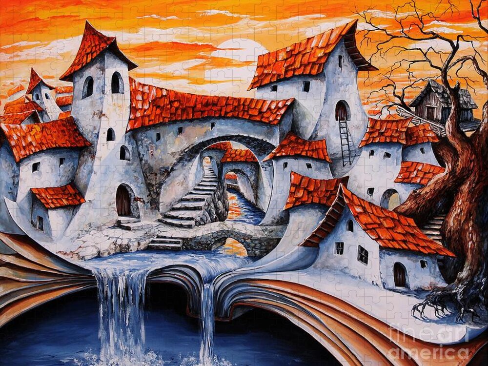 Tale City Jigsaw Puzzle featuring the painting Fairy Tale city - Magic stream by Emerico Imre Toth