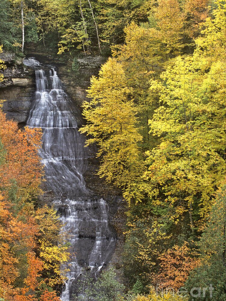 Michigan Jigsaw Puzzle featuring the photograph Fall Color Surrounds Chapel Falls on the Michigan Upper Peninsula by Dave Welling